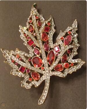 Nolan Miller Signed Rhinestone Maple Leaf Brooch Red Pink Orange Crystal Pin